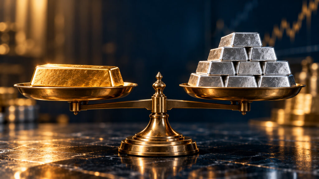 Goldbarren und Silberbarren im Gleichgewicht auf einer Waage