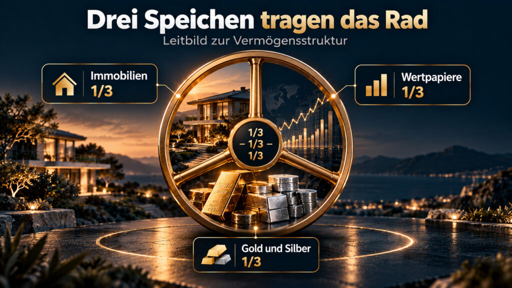 Wagenrad mit drei Speichen: Immobilien, Wertpapiere sowie Gold und Silber tragen je ein Drittel des Vermögens