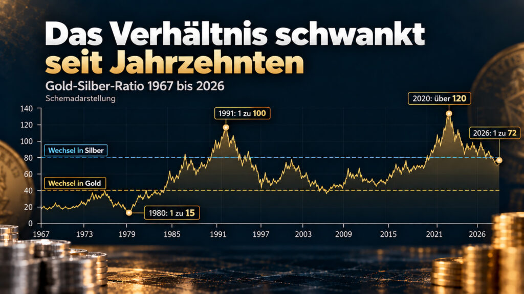 Liniendiagramm der Gold-Silber-Ratio von 1967 bis 2026 mit Wechselpunkten bei 80 und 40, Tiefpunkt 1980, Hochpunkt 1991, Spitze 2020 und aktuell etwa 72