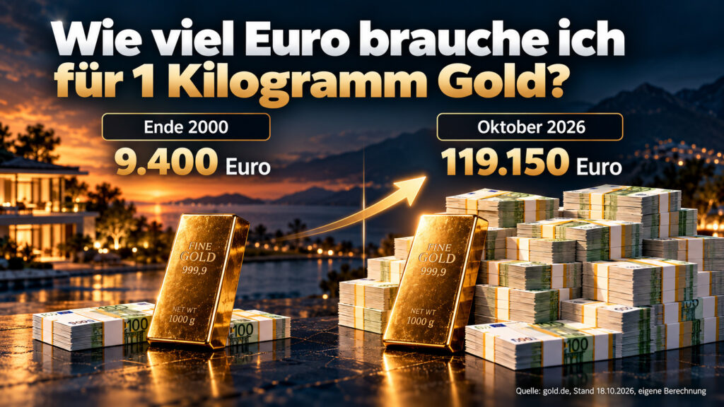 Grafik: 1 Kilogramm Gold kostete Ende 2000 rund 9.400 Euro und im Oktober 2026 rund 119.150 Euro