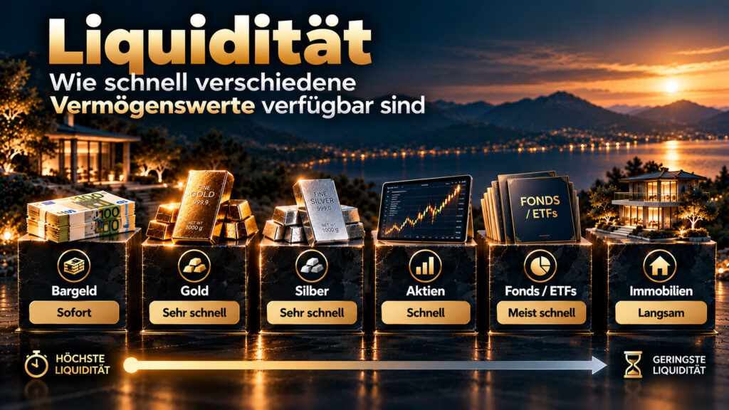 Liquidität im Vergleich: Bargeld sofort, Gold und Silber sehr schnell, Aktien schnell, Fonds und ETFs meist schnell, Immobilien langsam