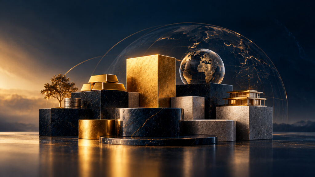 Luxuriöse Vermögenslandschaft mit Goldbarren und Globus als Sinnbild für Gold und Silber im Vermögen