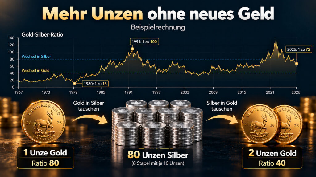 Mehr Unzen ohne neues Geld: Gold-Silber-Ratio von 1967 bis 2026 mit Wechselpunkten bei 80 und 40 sowie der Tausch von 1 Unze Gold in 80 Unzen Silber und danach in 2 Unzen Gold