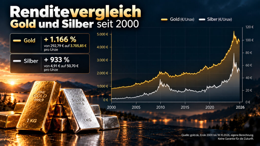 Liniendiagramm: Gold stieg seit Ende 2000 in Euro um rund 1.166 Prozent, Silber um rund 933 Prozent