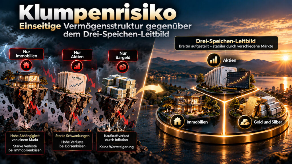 Einseitige Vermögensstruktur (nur Immobilien, nur Aktien, nur Bargeld) im Vergleich zum Drei-Speichen-Leitbild mit Immobilien, Aktien sowie Gold und Silber