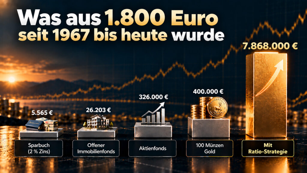 Was aus 1.800 Euro seit 1967 wurde: Sparbuch 5.565 Euro, offener Immobilienfonds 26.203 Euro, Aktienfonds 326.000 Euro, 100 Münzen Gold 400.000 Euro, mit Ratio-Strategie 7.868.000 Euro