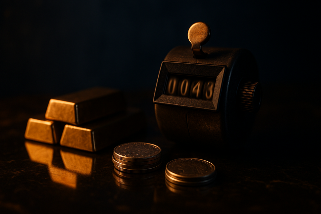 US Staatsverschuldung: rotierende Zähluhr im Dunkeln neben Goldbarren und Silbermünzen